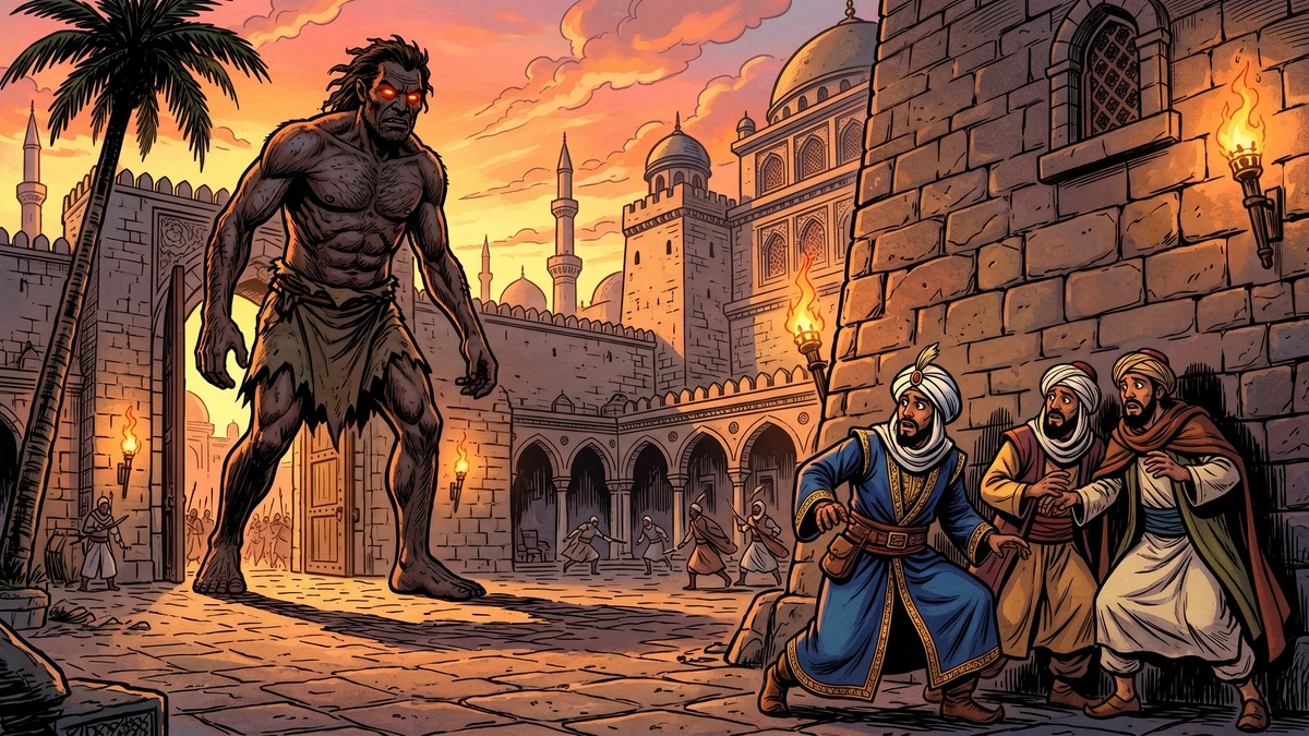 The towering dark giant striding into the torch-lit courtyard of his great house at sunset, his eyes glowing red, as Sinbad and the merchants shrink against the wall