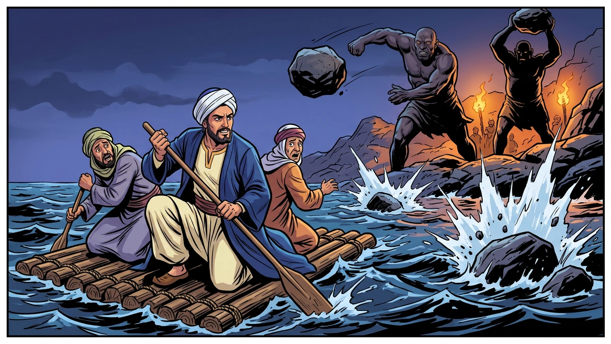 Sinbad and two sailors paddling a wooden raft across a moonlit night sea as two giants hurl boulders from the rocky shore