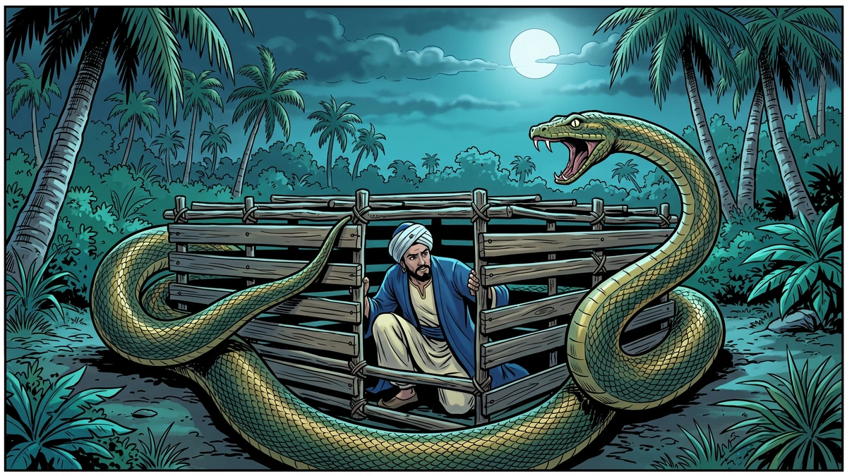 Sinbad sheltering inside a low wide wooden cage of lashed planks as a colossal serpent coils around it in the moonlit jungle