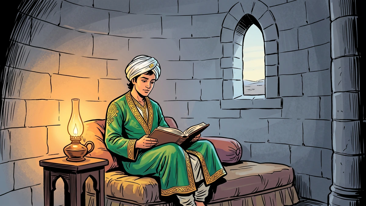 Prince Camaralzaman reading alone by lamplight in the stone tower where his father confined him