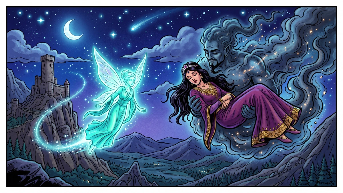 The ifrit Dahnash and the fairy Maimunah carry the sleeping Princess Badoura through the night sky