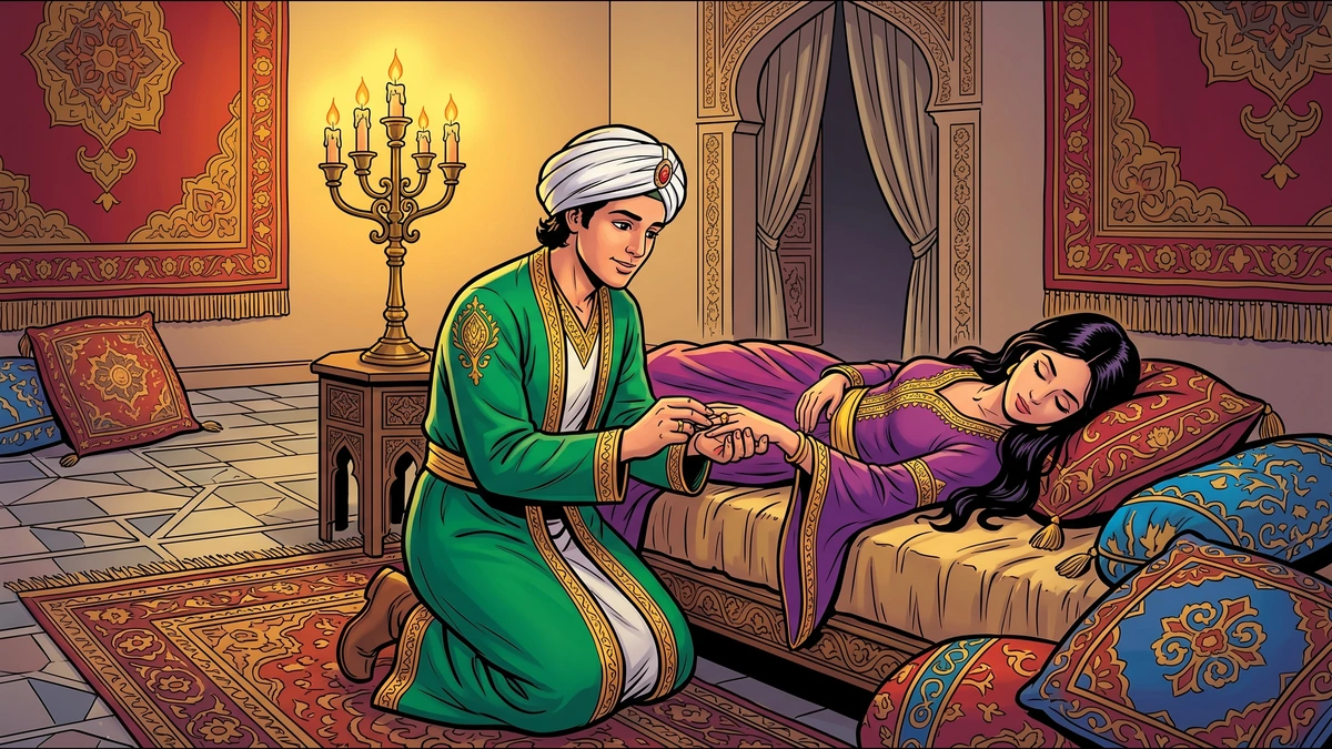 Camaralzaman wakes beside the sleeping Badoura and slips a ring onto her finger in the candlelit chamber