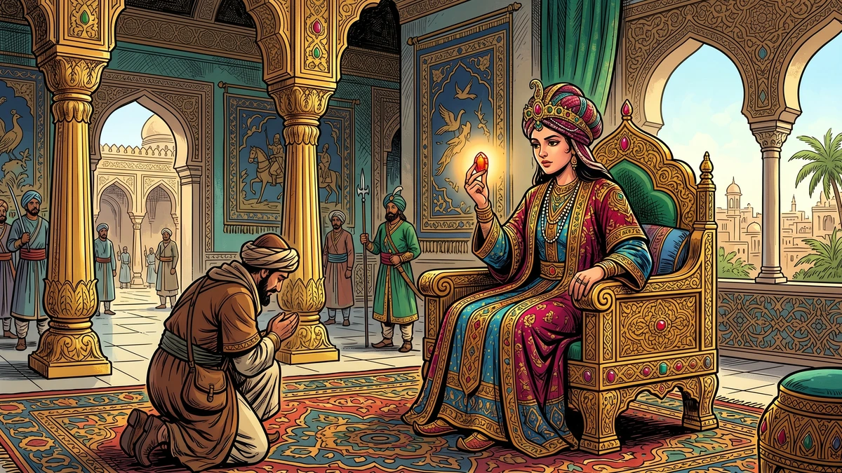 Princess Badoura, ruling in disguise as a king, recognises her carnelian talisman before a kneeling merchant
