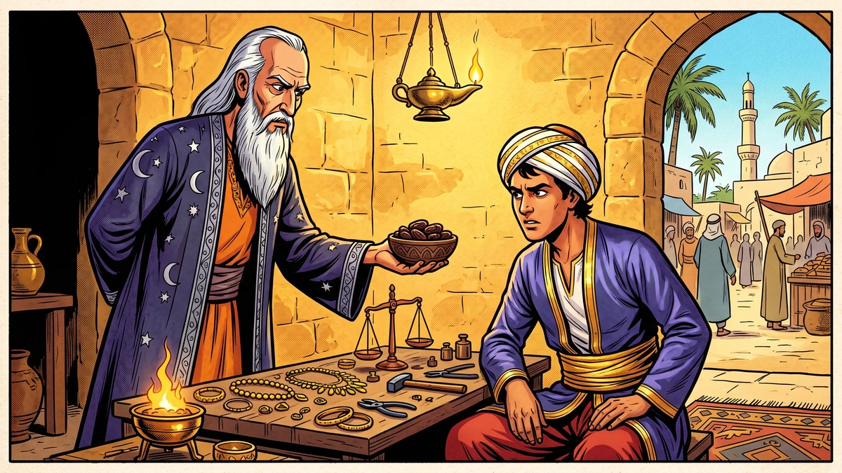 The Persian alchemist Bahram offers dates to Hassan the goldsmith of Basra in his bazaar stall