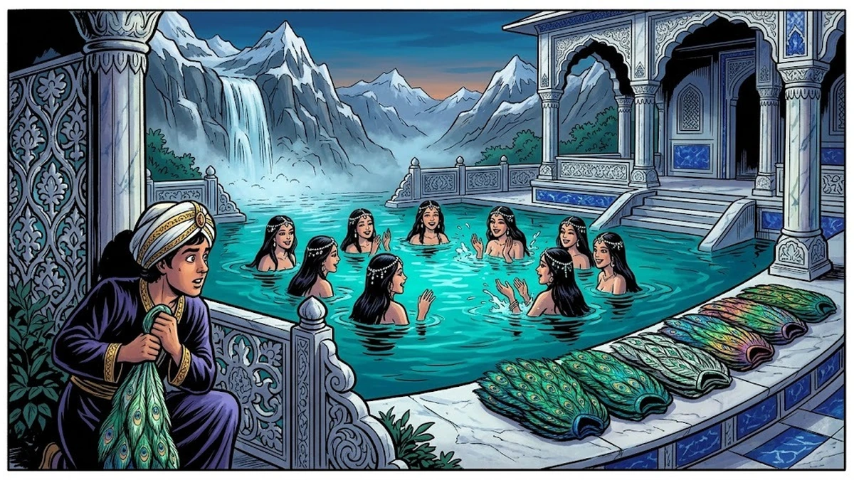 Ten jinn bird-maidens bathe in a marble mountain pool while Hassan steals one feathered cloak