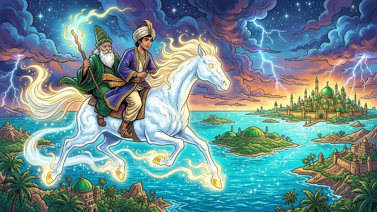 Hassan and the wise shaykh ride a magical cloud-horse over the Islands of Waq Waq