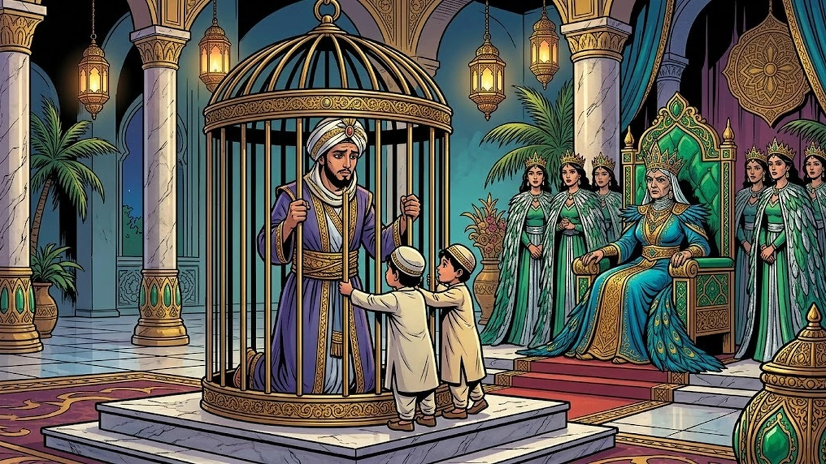 Hassan stands in the brass cage as his two sons reach to embrace him before the Queen of Waq Waq