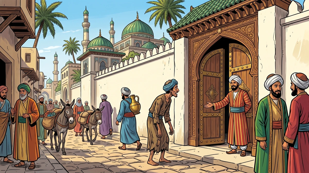 Shakashik the starving Baghdad beggar arriving at the carved cedar gate of the Barmecide's mansion, met by the welcoming Persian doorman in a medieval Baghdad street with white-domed mosques, palm trees, and pack donkeys with porters carrying jars of water.