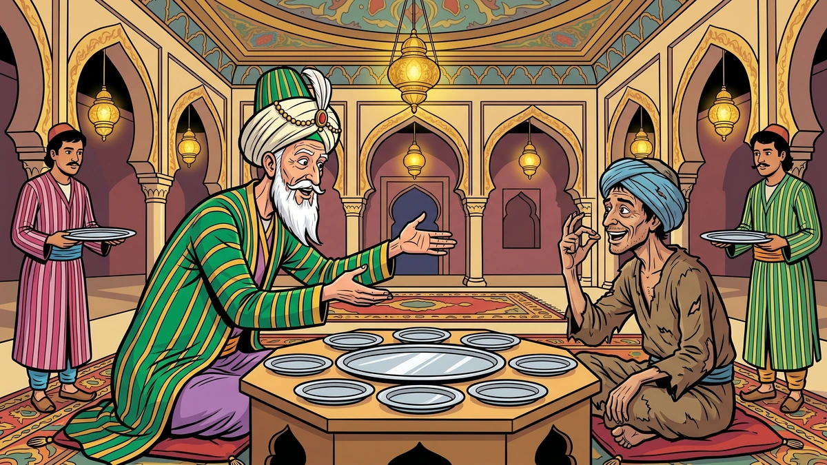 The elderly Persian Barmecide host, in his striped cream-and-gold Khurasan-silk caftan and forked white beard, gestures at an octagonal brass tray-table covered in seven empty silver plates, urging his beggar guest Shakashik to eat the imaginary feast while two servants behind hold further empty platters.