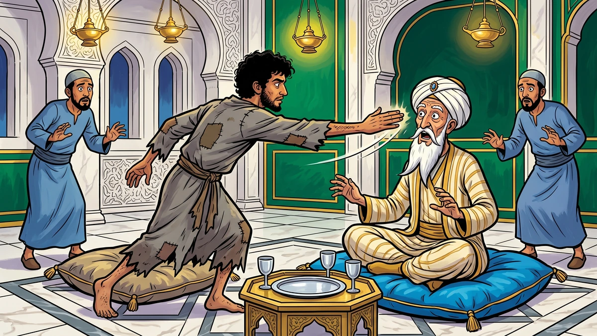 The ragged beggar Shakashik mid-action with his right hand drawn back and open palm just connecting an open-handed comic slap on the elderly Barmecide's cheek inside the green-walled Baghdad dining hall, two Arab servants in blue robes recoiling in shock, an empty silver tray on the brass tray-table between them.