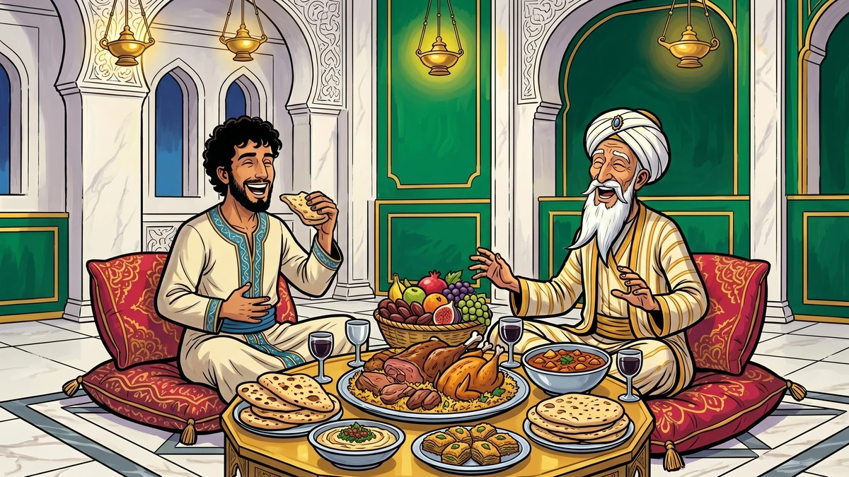 Shakashik now in clean cream-and-blue robes and the elderly Persian Barmecide in his cream-gold striped silk caftan sit on red and blue silk cushions sharing a real feast of roast lamb, saffron rice, halved pomegranates, dates, flatbreads, and bronze cups of wine, both laughing happily under hanging brass oil lamps in the same emerald-green-paneled Baghdad dining hall.