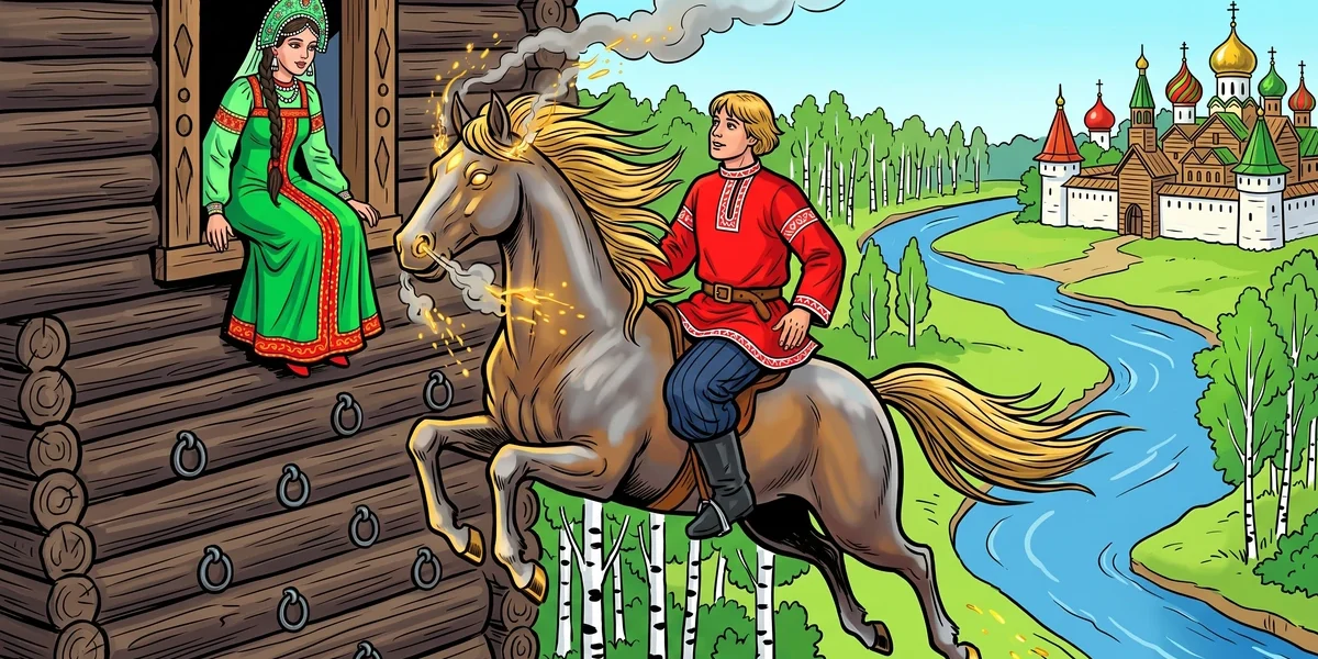 Ivanushka the Simpleton riding the magic horse Sivka-Burka through the air, leaping past the high window of Tsarevna Baktriana in her emerald sarafan above the tsar's wooden palace with onion domes
