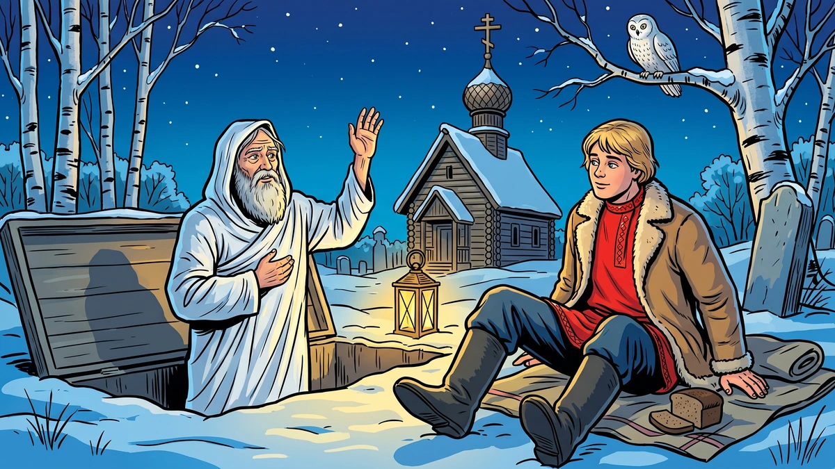 Ivanushka the Simpleton at his father's grave at midnight, the old peasant rising from the grave in a white shroud to bless him under a starry Russian sky, snowy birch graveyard and small Orthodox chapel with onion dome behind