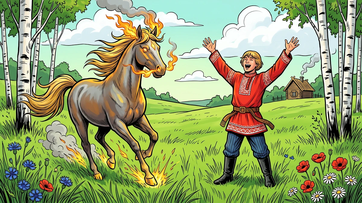 Ivanushka the Simpleton in red embroidered kosovorotka shirt summoning the magic horse Sivka-Burka in a Russian summer meadow, the bay-and-golden horse galloping through wildflowers with flames pouring from its ears and nostrils