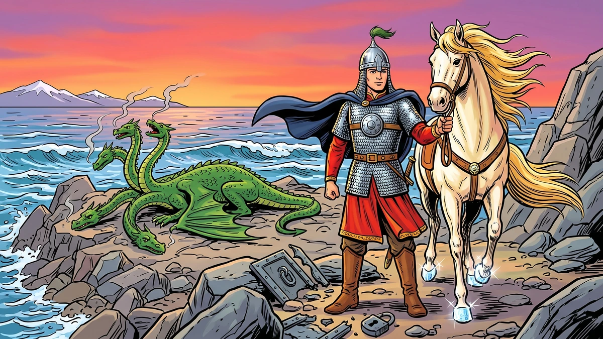 Ivanushka in chainmail armor and red kaftan standing triumphant beside the white mare with diamond hoofs and golden mane, the defeated three-headed Russian dragon zmey gorynych on the rocky shore at sunset, smashed iron doors and padlocks at his feet