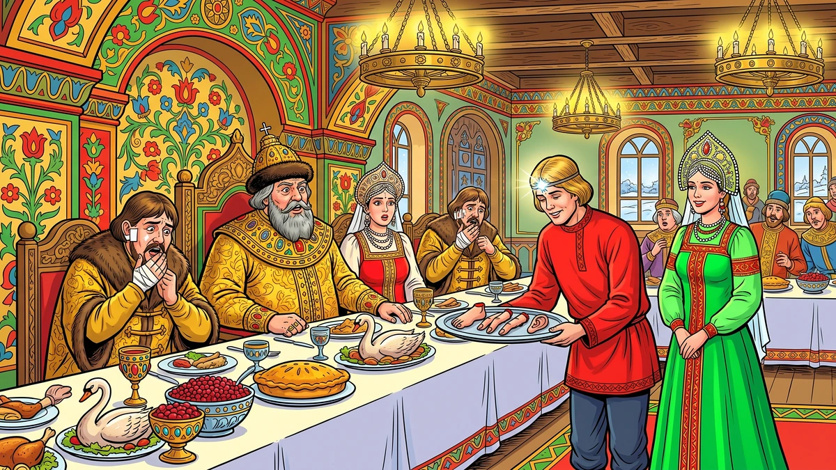The reckoning at Tsar Pea's feast: Ivanushka the Simpleton with a diamond star on his forehead presents three severed ears, fingers, and toes on a silver platter while the two clever brothers choke in horror