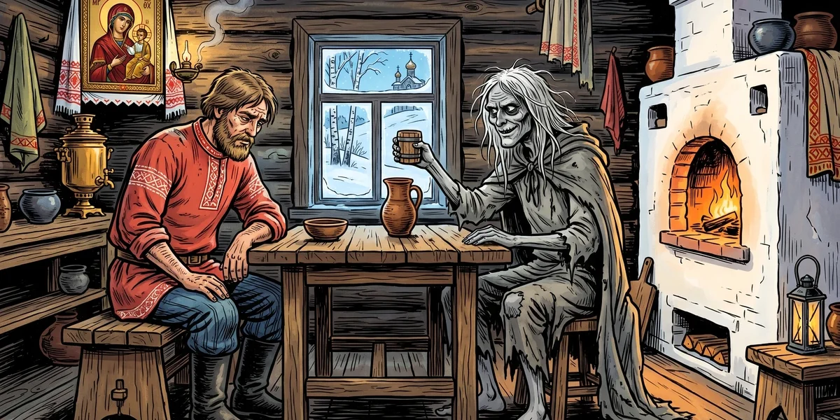Woe Bogotir Russian folk tale cover: the poor peasant in red kosovorotka shirt sits dejected at a rough wooden table inside his smoky log-cabin izba while Woe (Gore), a gaunt grey-skinned ragged figure with hollow eyes, raises a wooden cup of vodka i