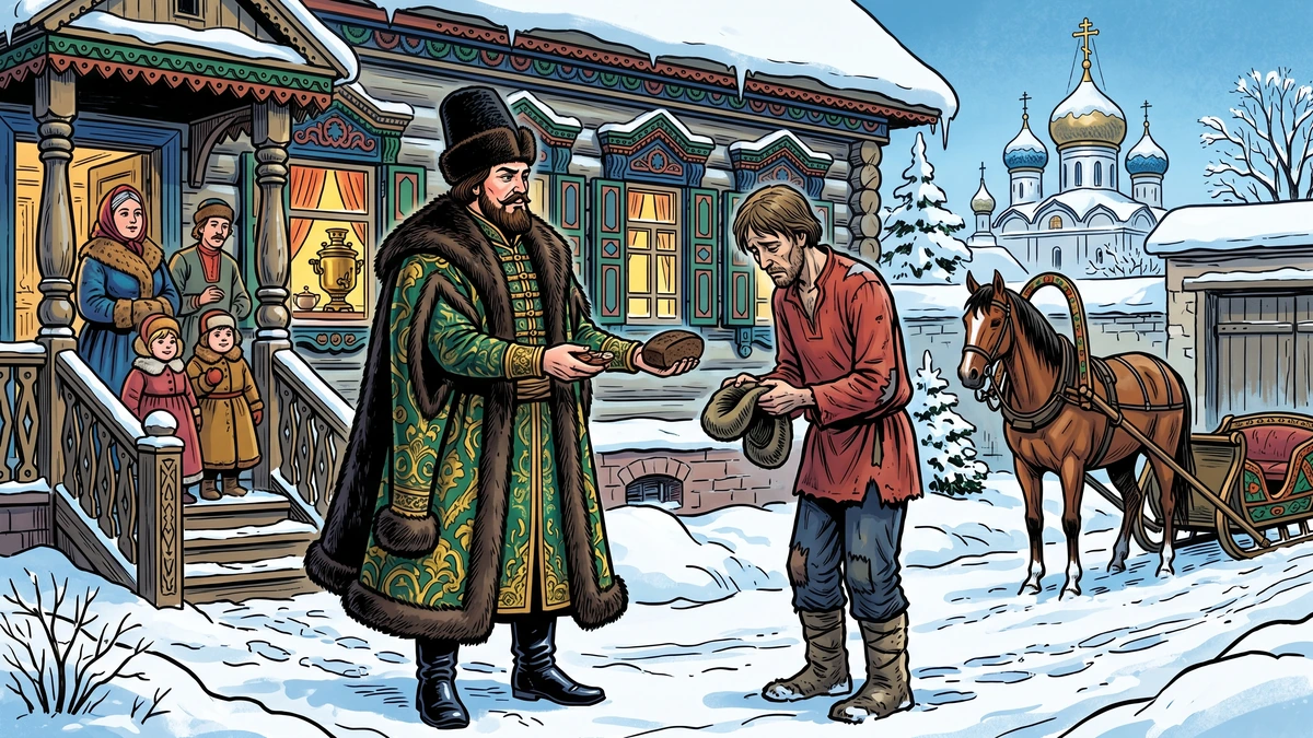 The rich brother in a long fur-trimmed green-and-gold brocade kaftan and tall lambskin shapka hands the poor brother in a faded red kosovorotka a single loaf of black rye bread and a few copecks in a snowy Russian merchant courtyard, with a sledge and bay horse waiting and an onion-domed church behind