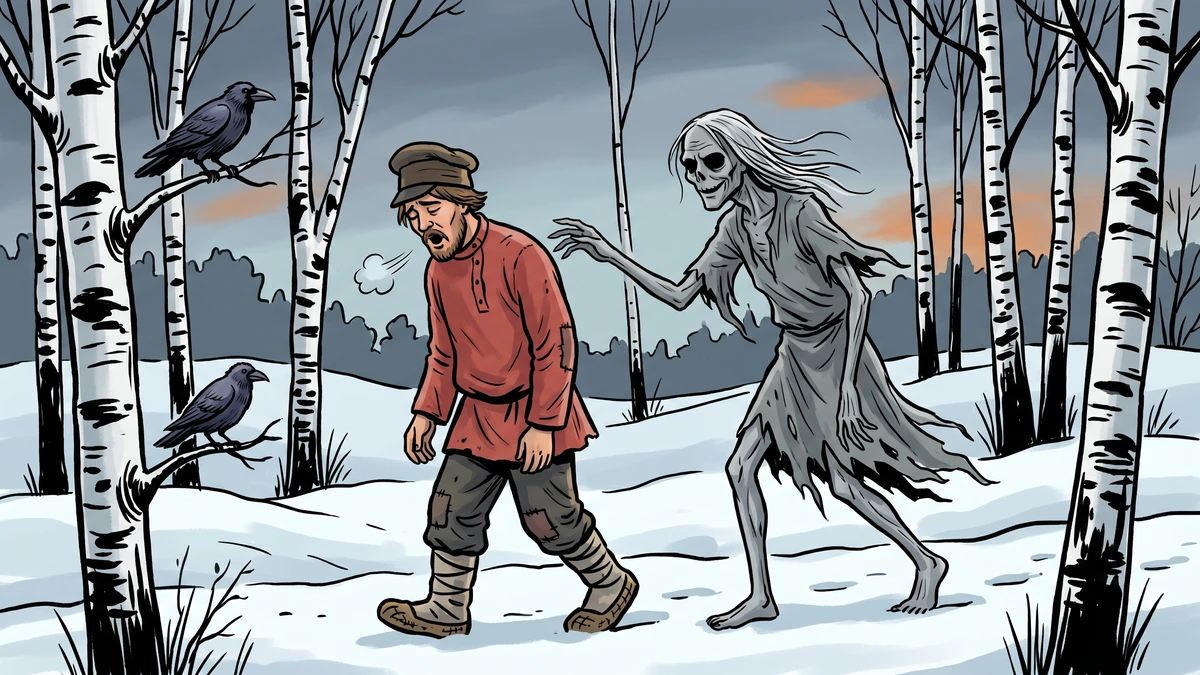 The poor peasant in his faded red kosovorotka shirt walks alone on a snowy birch-lined road at twilight while Woe (Gore), a tall gaunt grey-skinned ragged figure with hollow black-shadowed eyes and stringy white hair, rises out of the snow beside him and reaches a thin grey hand toward his shoulder