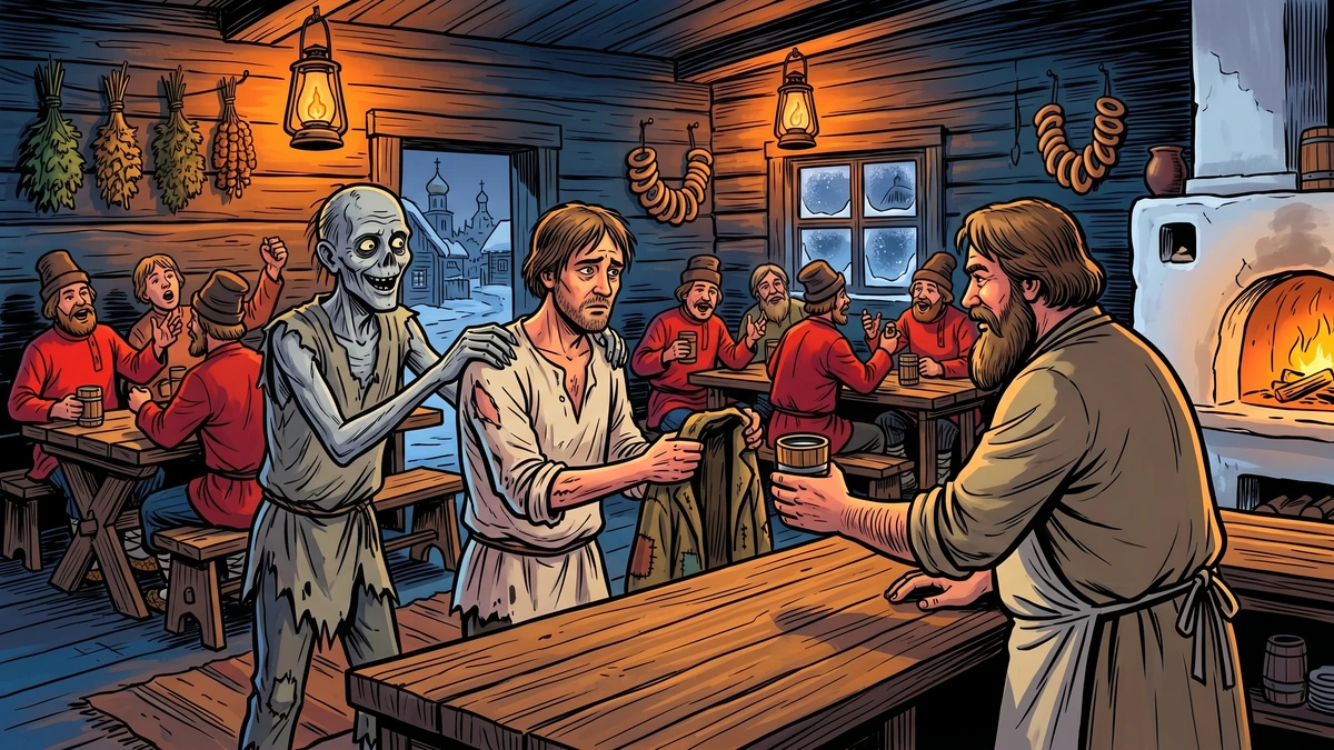 Inside a dim crowded village kabak tavern the poor peasant in only a thin linen undershirt hands his last worn coat across the rough plank counter to a fat bearded Russian tavern-keeper in exchange for a wooden cup of vodka, while Woe (Gore) the gaunt grey ragged figure grins beside him and raises a cup in delighted toast