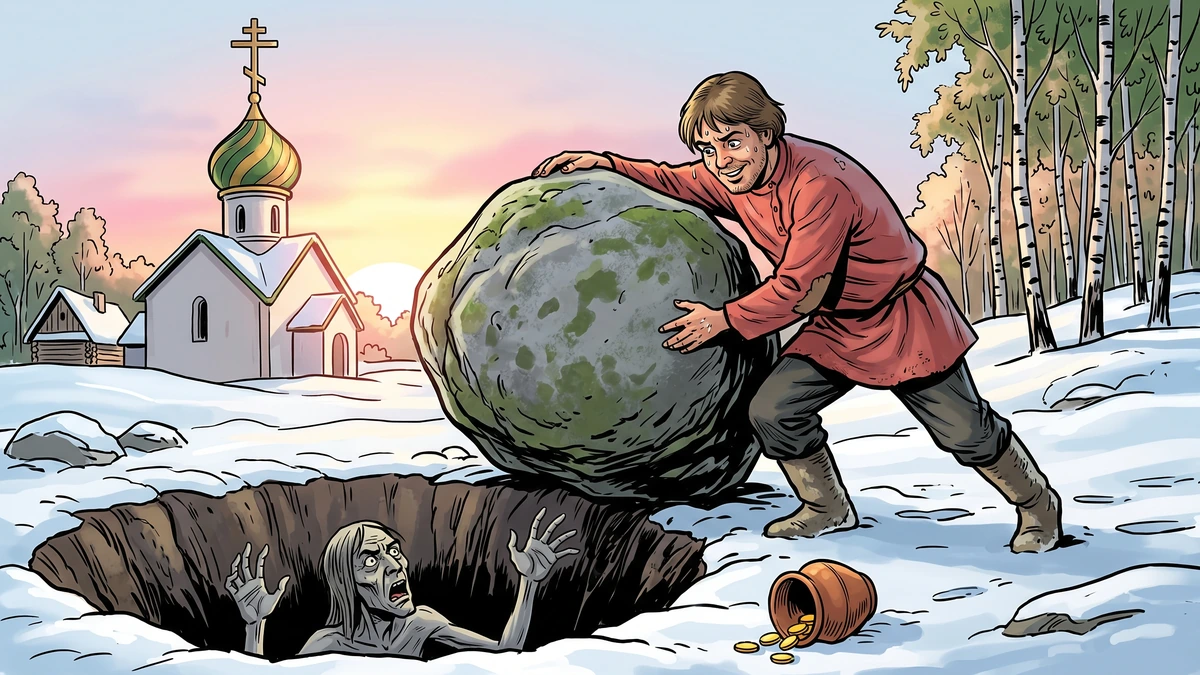 The poor peasant in his red kosovorotka shirt strains against a great mossy grey boulder, heaving it back over the mouth of a deep pit in the snow behind a green-and-gold onion-domed Russian Orthodox village church at dawn, while Woe trapped inside reaches up in vain and a small clay pot of gold coins lies spilled in the snow beside the pit