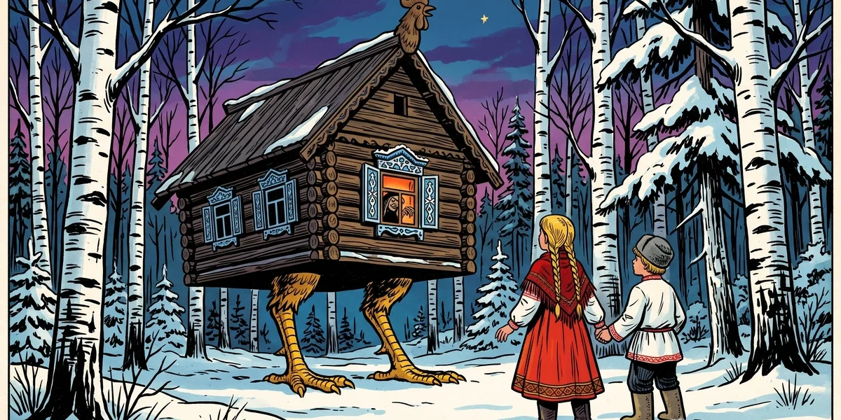 Baba Yaga and her hut on chicken legs in a snowy birch forest at twilight (P-991 cover)