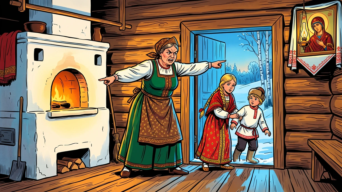 Russian peasant izba interior at dawn: the wicked stepmother in a green sarafan dress and white blouse stands at the open door pointing the two orphan twins out into the snow, with a great whitewashed brick pech oven and ikon corner visible behind her - Amar Chitra Katha style illustration of Afanasyev Russian folk tale Baba Yaga