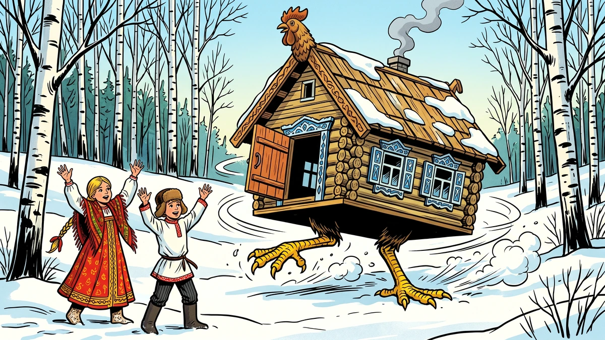 The magical chicken-legged hut Izboushka of Baba Yaga caught mid-rotation in a snowy Russian birch forest clearing, with the two peasant children calling out to it with arms raised - Amar Chitra Katha style illustration of the Russian folk tale Baba Yaga