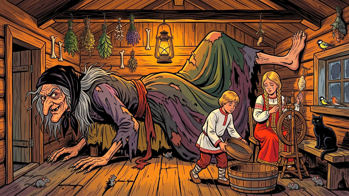 Interior of Baba Yaga the Russian forest witchs wooden hut: she lies stretched along the whole length of the single room with her bony foot in the rafter and her hooked nose - the sister weeps at the spinning wheel while the brother carries a sieve, with helpful mice on the floor and a black cat watching - Amar Chitra Katha style illustration of the Afanasyev Russian folk tale