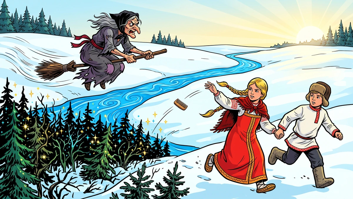 The magic flight from the Russian folk tale Baba Yaga: the two Russian peasant twins running through a snowy field at dawn, the sister throwing a comb backward that turns into an impenetrable dark spruce forest, a wide blue river snaking behind them where a towel was thrown earlier, and Baba Yaga the witch in tattered grey dress flying after them on a wooden broomstick - Amar Chitra Katha style