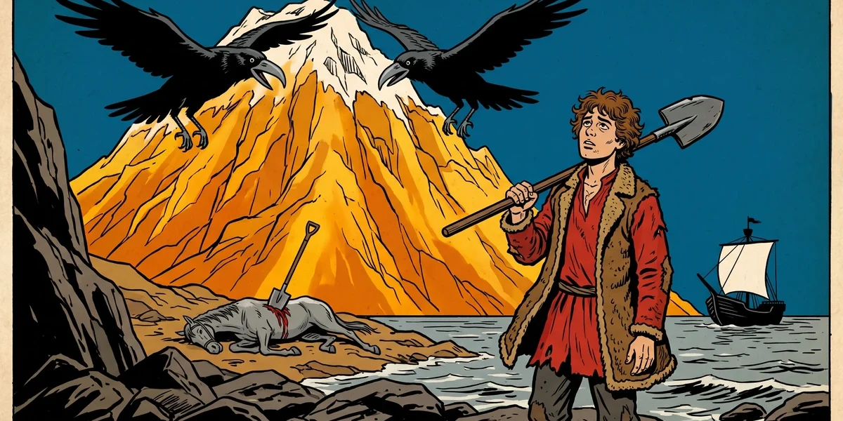 Zolotaya Gora cover — Russian merchant's son with shovel on island shore, golden mountain glowing, two iron-beaked crows wheeling over the summit, dead horse and sailing ship, Amar Chitra Katha style
