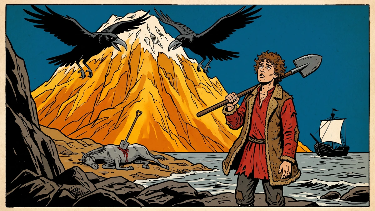 Zolotaya Gora cover — Russian merchant's son with shovel on island shore, golden mountain glowing, two iron-beaked crows wheeling over the summit, dead horse and sailing ship, Amar Chitra Katha style