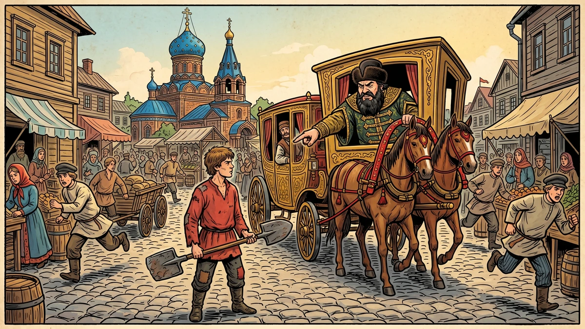 Scene 1 — Marketplace bargain: the proud rich Russian merchant in gilded carriage hires the ruined merchant's son with his iron shovel as the other day-labourers flee, onion-domed church behind, ACK comic style