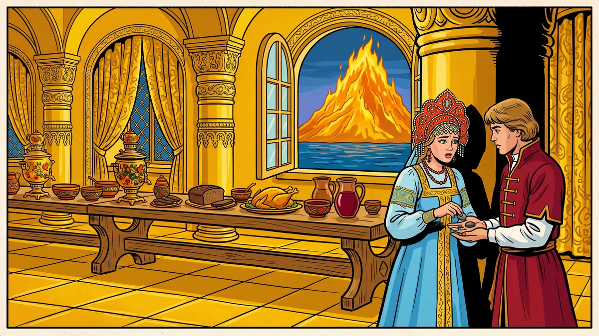 Scene 2 — The golden palace and the daughter's gift: the merchant's daughter in sky-blue sarafan and red-coral kokoshnik presses the touchstone and flint into the hero's hand inside a hall of gold pillars, golden mountain through the arched window, A