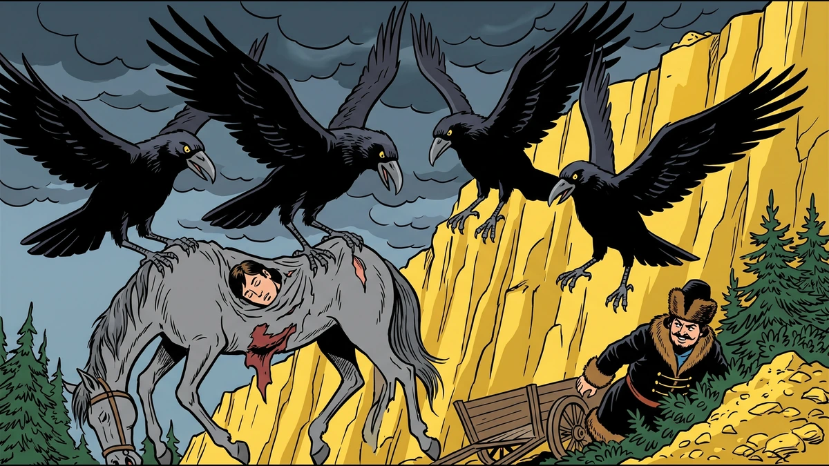 Scene 3 — Iron-beaked crows lift the horse-carcass: four enormous coal-black crows with iron beaks carry the slaughtered grey horse with the sleeping hero sewn inside up the golden cliff while the rich merchant crouches in dark pines below, ACK comic