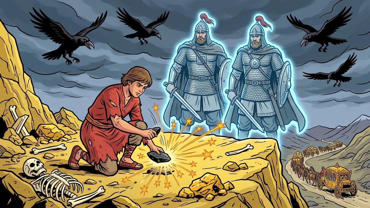 Scene 4 — Flint summons two bogatyr helpers: the merchant's son in torn red kaftan kneels and strikes flint on touchstone among the skeletons of ninety-nine victims on the golden summit, two blue-glowing chainmail bogatyrs materialise, iron-beaked cr