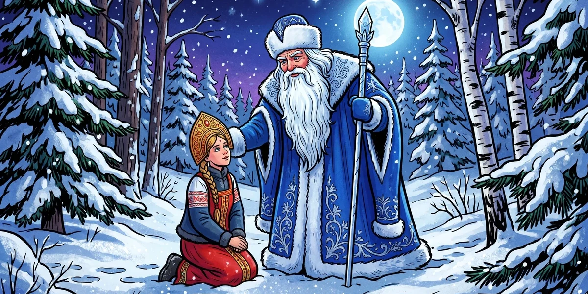 Father Frost Russian folktale cover — stepdaughter in snow with troika icon