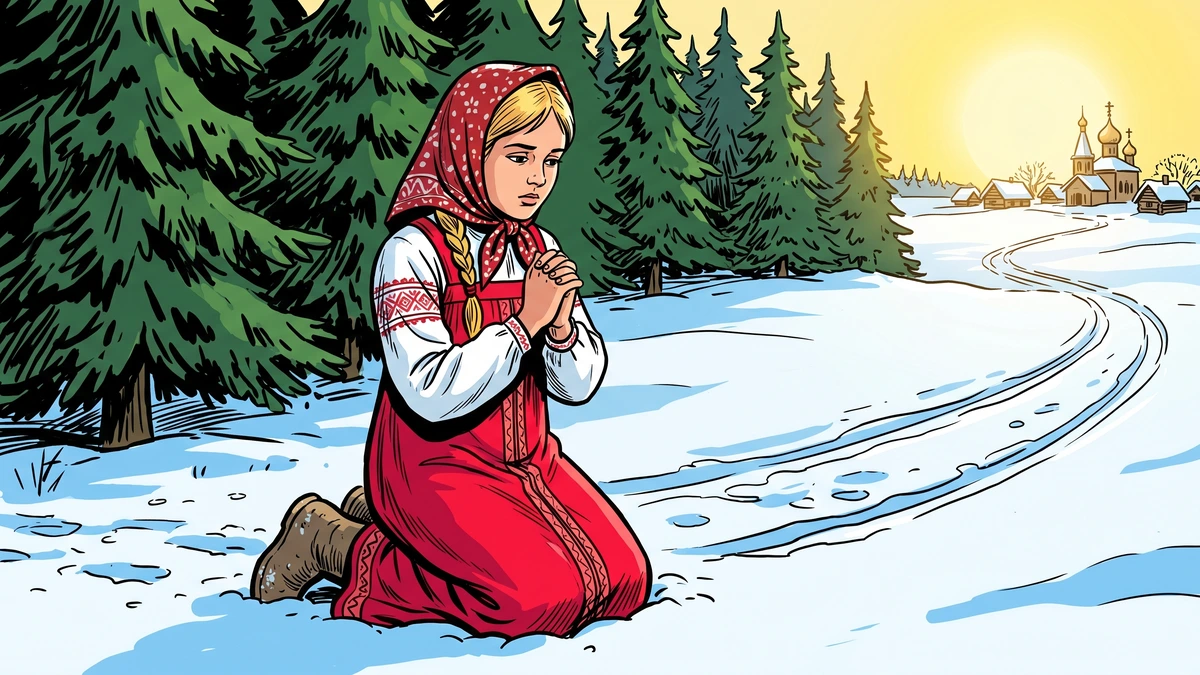 Russian peasant stepdaughter praying in deep snow at the edge of the pine forest