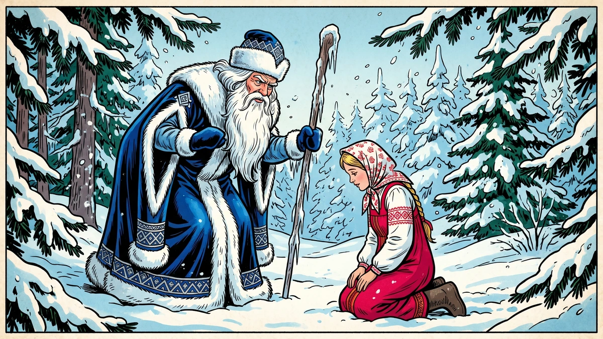 Father Frost cracking through the pines asks the stepdaughter art thou warm