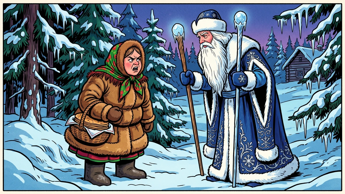 Cruel stepsister glares and shouts at Father Frost in the pine forest