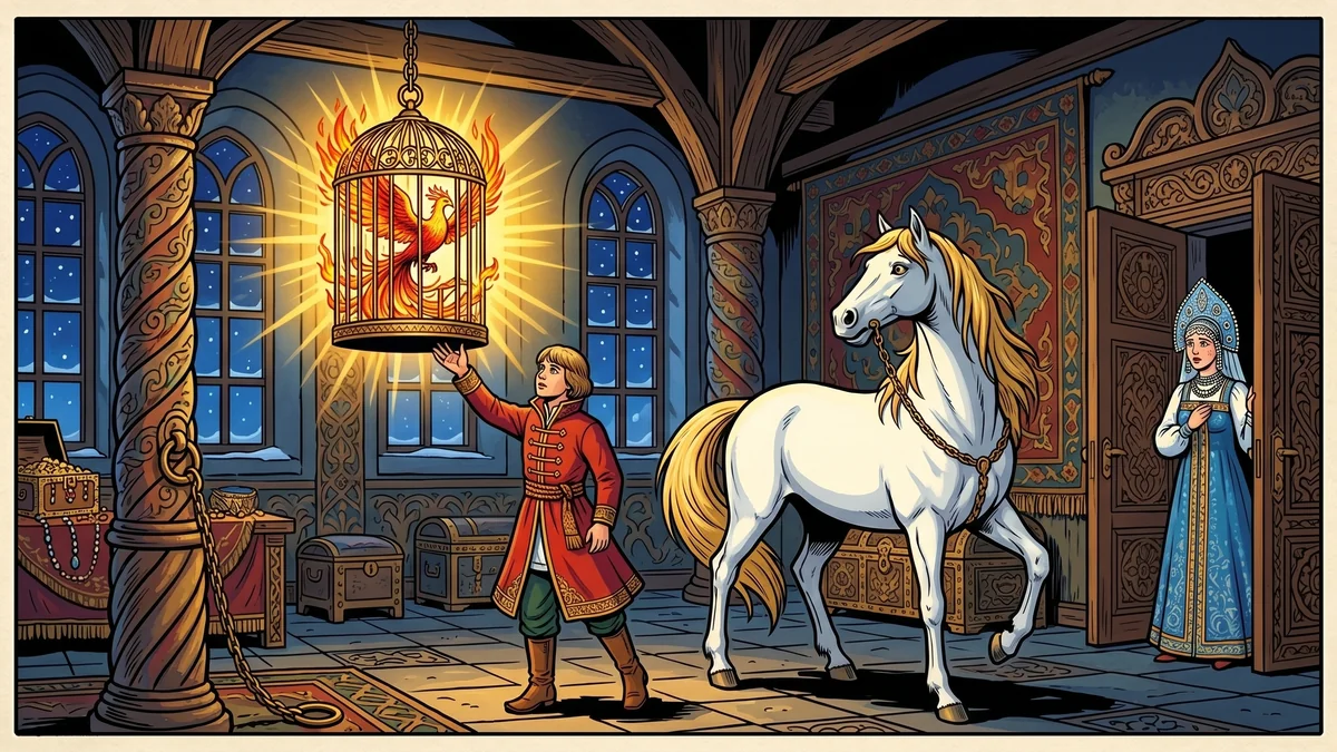 Ivan-Tsarevich reaches for the Firebird's golden cage as Princess Vasilisa waits by the door