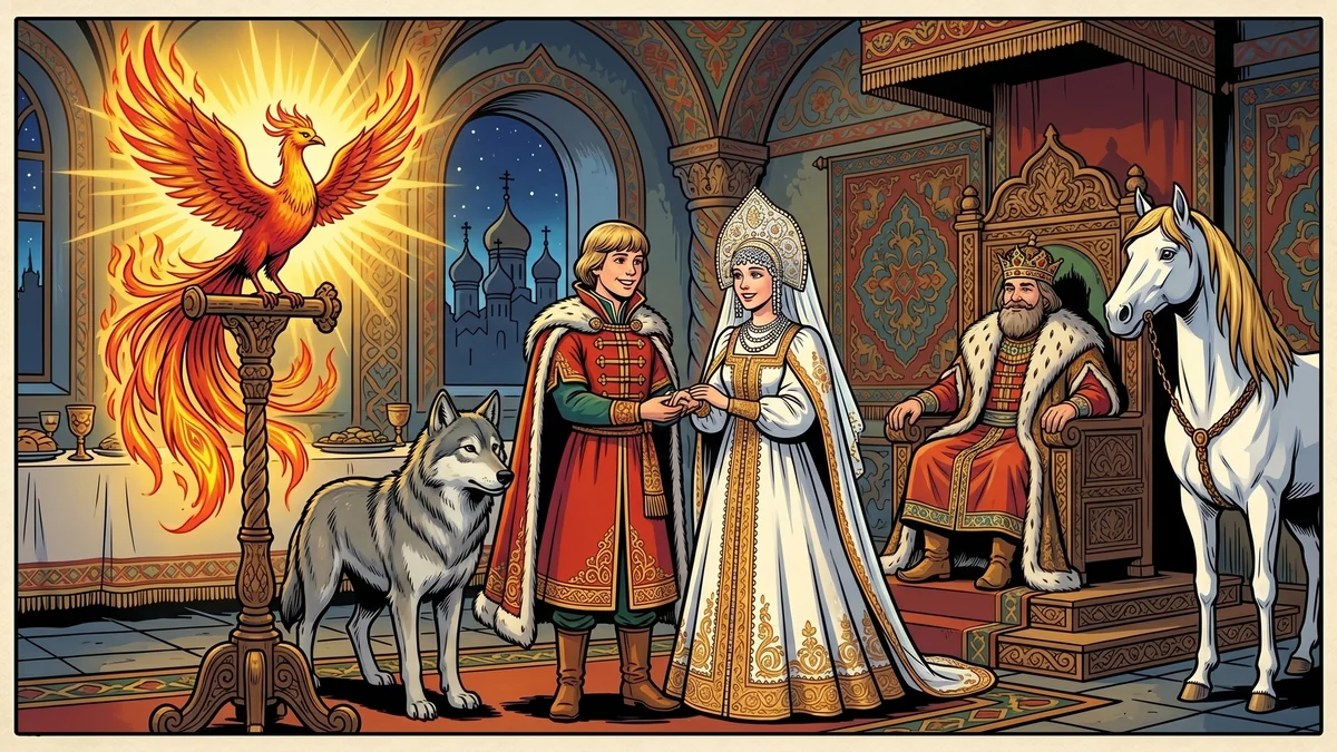 Wedding feast of Ivan-Tsarevich and Princess Vasilisa with the Firebird, White Horse and Grey Wolf