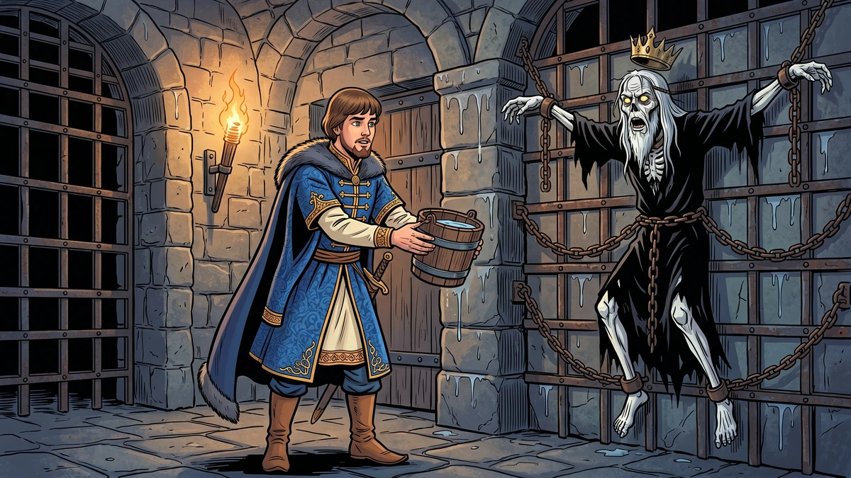 Ivan Tsarevich offers a wooden bucket of water to the chained Koschei the Deathless in the forbidden cellar of Marya Morevna — Afanasyev no. 159.