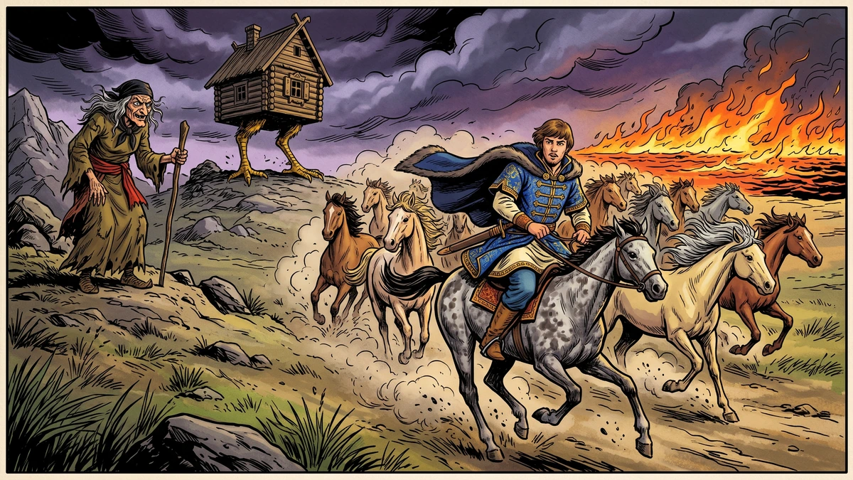Ivan Tsarevich on Baba Yaga's mottled grey foal herds the thunder-mares along the sea-of-fire while Baba Yaga watches from her chicken-legged izba.