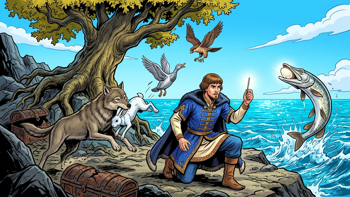 On the island of Buyan the chain of helpful animals delivers the egg: wolf bursts the white hare, the silver duck flies up, the falcon dives, and a great pike leaps from the sea bearing Koschei's hidden egg.