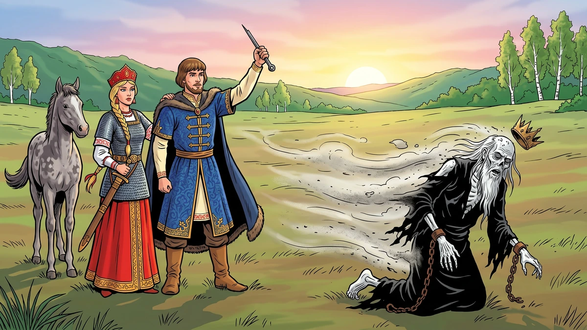 Ivan Tsarevich raises the broken needle in triumph beside the warrior-queen Marya Morevna while Koschei the Deathless crumbles to dust at dawn — the final liquidation of motif E710.