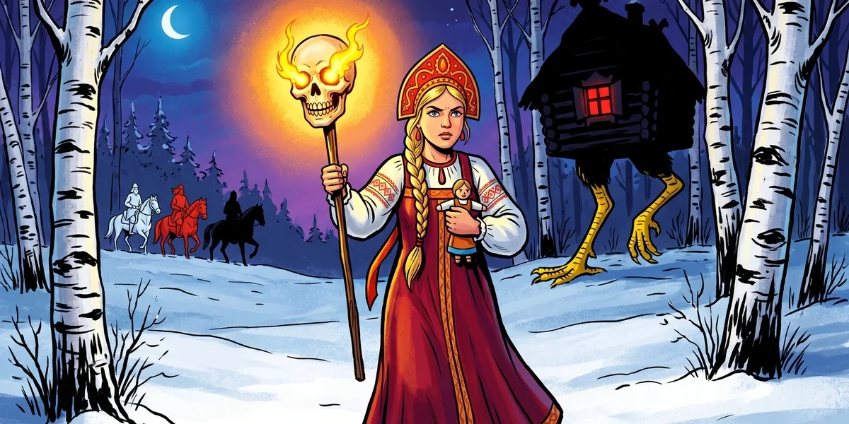 Vasilisa the Beautiful stands at the moonlit edge of Baba Yaga's bone-skull fence with the chicken-legged hut behind her - Russian folk tale cover illustration