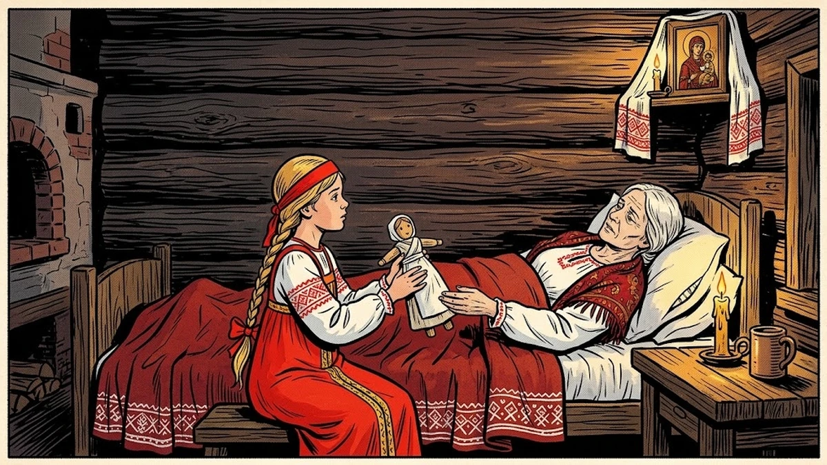 Vasilisa as a young girl receives the wooden doll from her dying mother in a Russian peasant izba at dusk