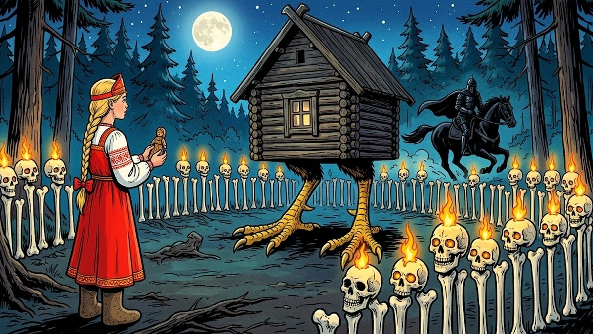 Vasilisa approaches Baba Yaga's hut on giant chicken legs surrounded by a fence of glowing skull lanterns as a black horseman gallops past in the moonlit pine forest