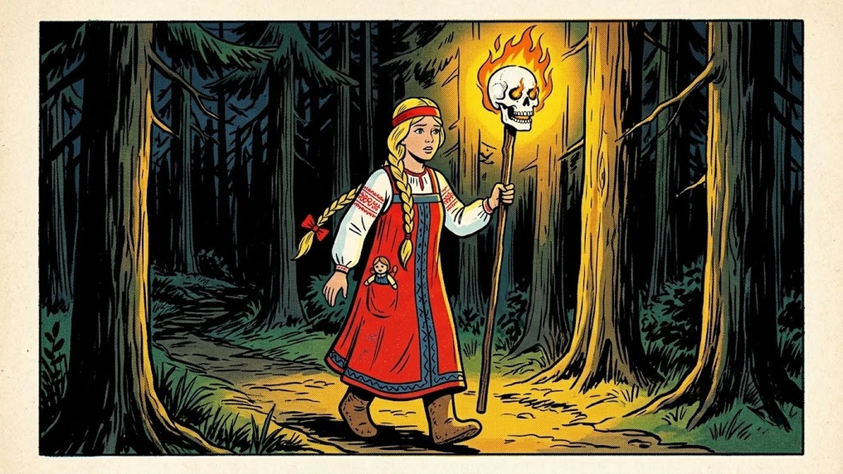 Vasilisa walks home through the dark pine forest carrying the skull-on-a-stick lantern whose eye sockets blaze with orange fire to light her path